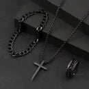 Conjunto de 3 peças de joias em aço inoxidável da série Dark, elegantes e versáteis, com cruzes