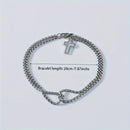 Pulseira masculina retrô elegante com cruz, aço inoxidável e corrente dupla em formato de osso de dragão.