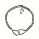 Pulseira masculina retrô elegante com cruz, aço inoxidável e corrente dupla em formato de osso de dragão.