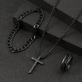 Conjunto de 3 peças de joias em aço inoxidável da série Dark, elegantes e versáteis, com cruzes